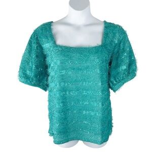 Ashley Stewart Green Veridian Sequin and Furry Square Neck Top